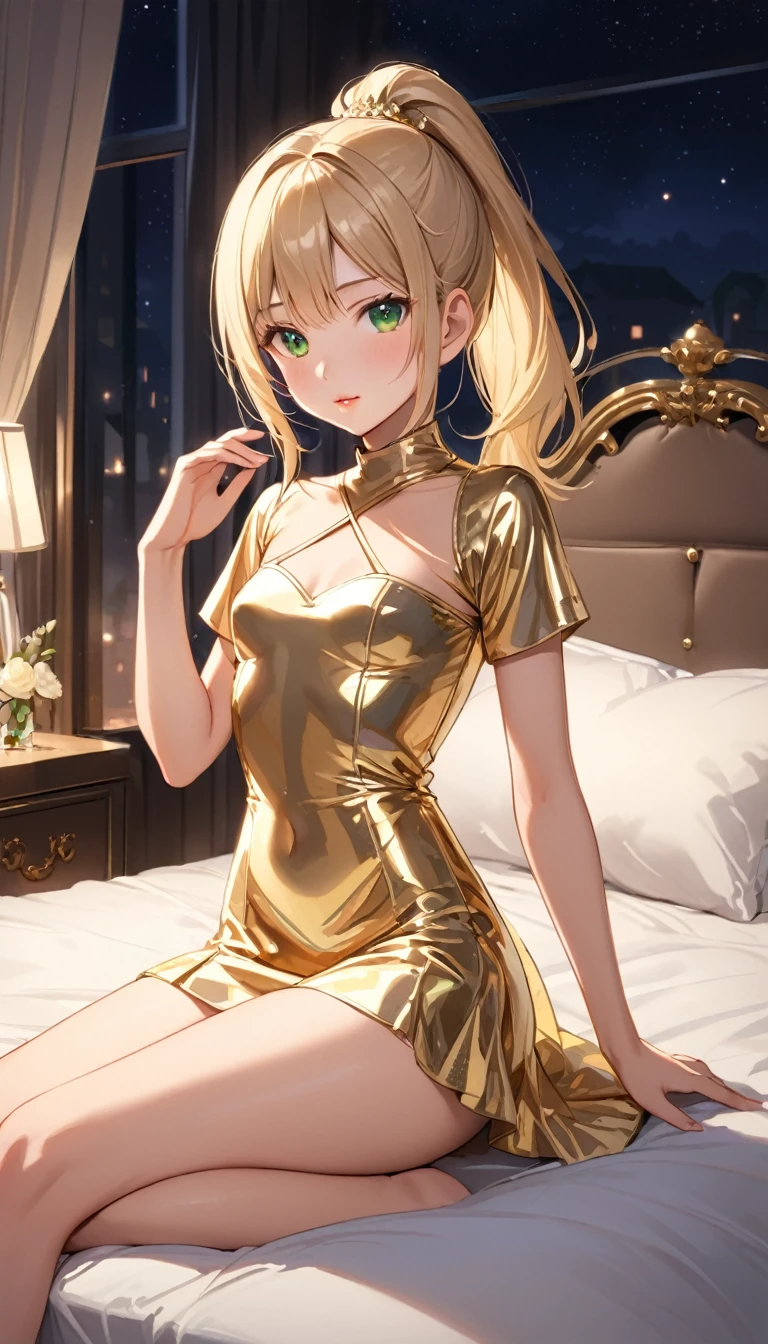 Beautiful 13y old girl with mid straight ponytail blonde hair with green eyes wearing Tight and Short Dress, Sexy Criss Cross Mock Neck Short Sleeves Gold Dress, luxurious jewelry, 18k gold wedding ring on left hand, sitting on her bed with legs open, showing her pussy, in her bedroom at night, (caucasian skin), (light brown lipstick), (elegant mascara), (slim body), (small breasts), (wide hips), midjourney, <lora:GoodHands-, <lora:GoodLegs-, UHD, high resolution, (masterpiece:1.1, best quality), (expressive eyes, perfect face, full body, expressive face, perfect body, perfect pussy, athletic, fit, slim body, blushing, Perfect makeup, eyeliner, beautiful eyelashes, smiling, horny face), ((best illumination, best shadows)), ((sexy pose)), ((front POV:1.1)), ((facing))
