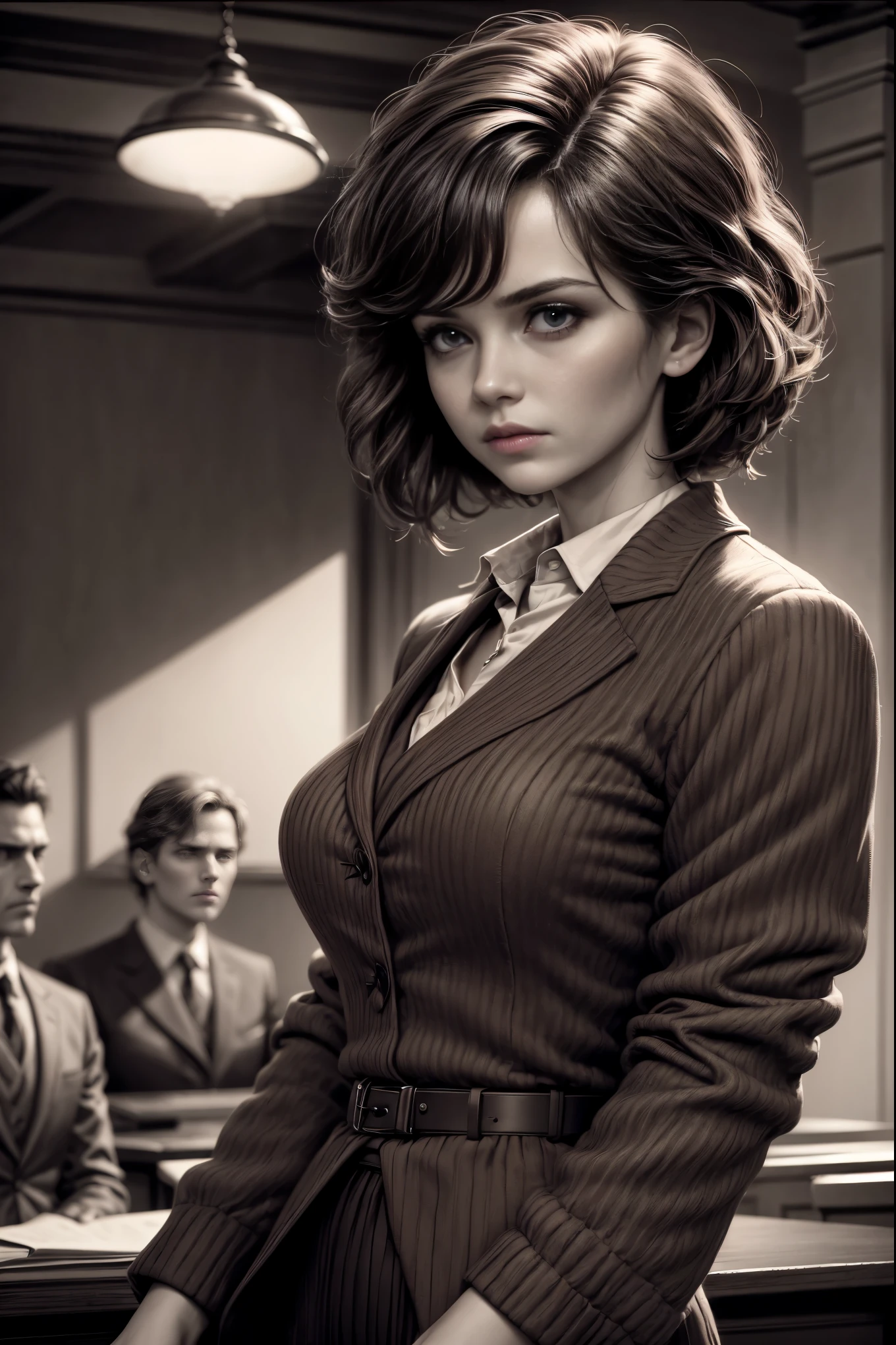 La female lawyer questioning an accused man, the judge is visible, and all the people in a courtroom, elegant woman attorney in formal suit, detailed facial features, dramatic lighting, intricate courtroom interior, high quality, photorealistic, cinematic, dramatic atmosphere, muted color tones
awyer