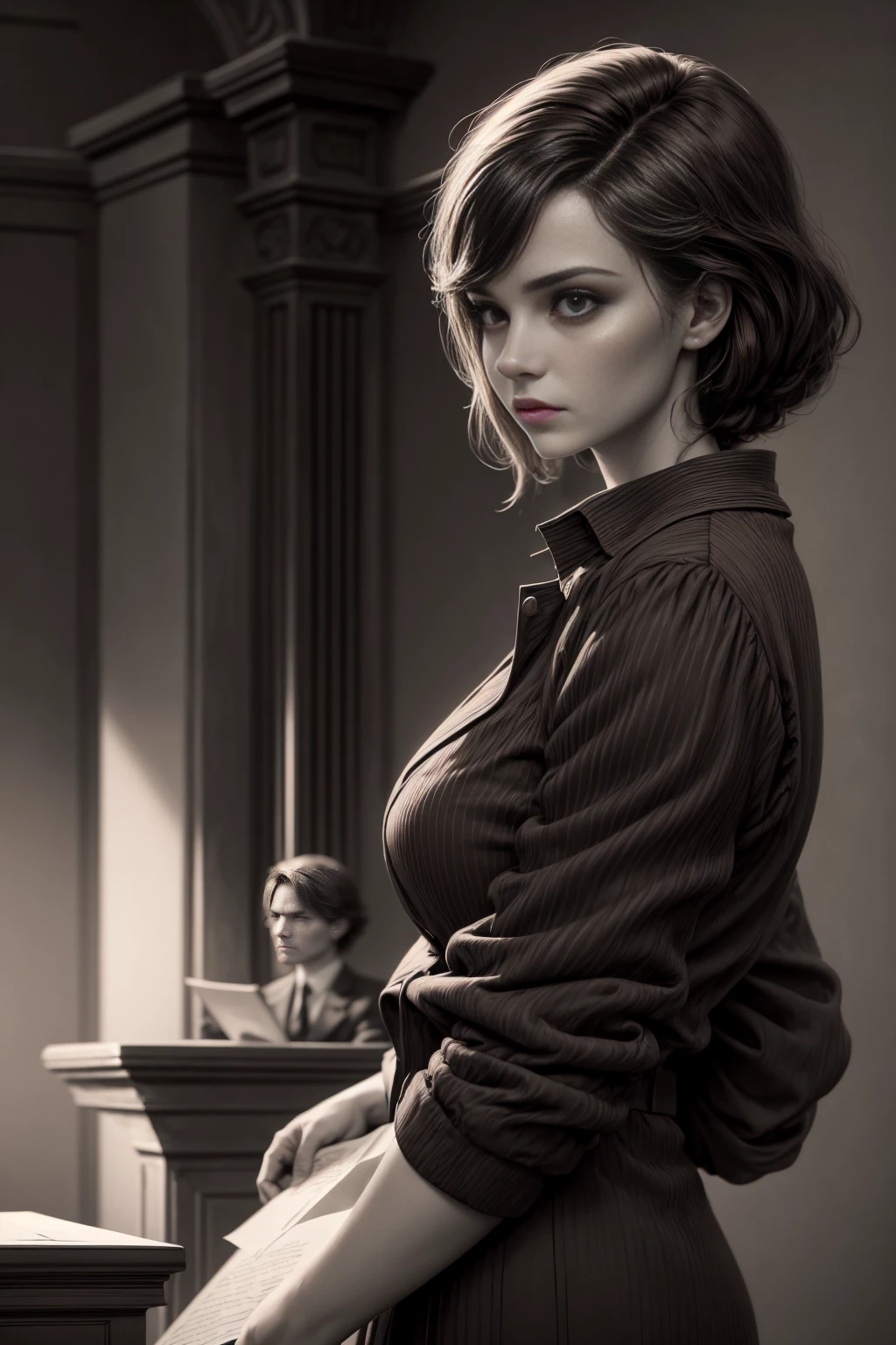 plano general, se ve toda la escena en el juzgado, La female lawyer questioning an accused man, the judge is visible, and all the people in a courtroom, elegant woman attorney in formal suit, detailed facial features, dramatic lighting, intricate courtroom interior, high quality, photorealistic, cinematic, dramatic atmosphere, muted color tones
awyer