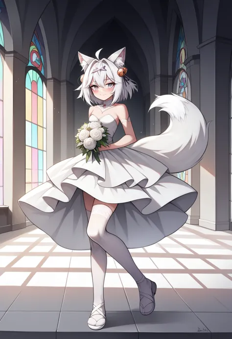 uhd, masterpiece, best quality, church, infront of the altar, 1girl, solo, filian, white fox tail, ((fluffy fox tail)), ((super ...