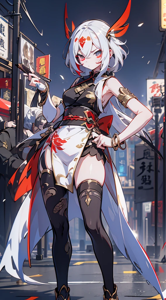 Cyberpunk style，bird girl，Bird Girl，Crane style，Crane element，black vs white，black vs white，White hair，White long hair，White clothes，harpy，wing，wing，Feather sleeves，wing袖子，wing衣服，wing服装，White cheongsam，Feather costume，feather folding fan，Feather fan handheld fan，feather folding fan，Kung Fu Girl Chinese Style，Fighting style，Cyberpunk style，Street background，赛博朋克Urban BackgroundStreet background，赛博朋克Street background，Urban Background，Standing posture，Fighting Stance，Fighting Stance，Boxing Stance，Boxing stance，Close-up above the waist，Ball head，White hair，White long hair，White hair