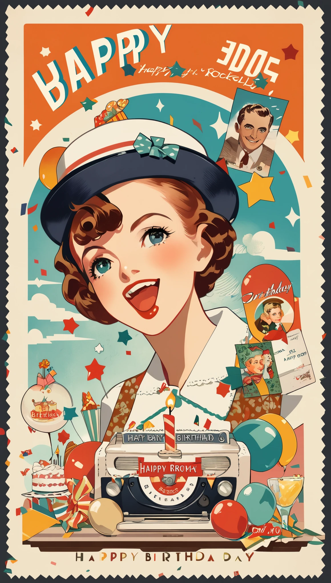 Cartões postais de aniversário, retrô, vintage,Ilustração gráfica,ilustrações 2D detalhadas,ilustração plana, Ilustração digital,arte digital,Norman Rockwell
