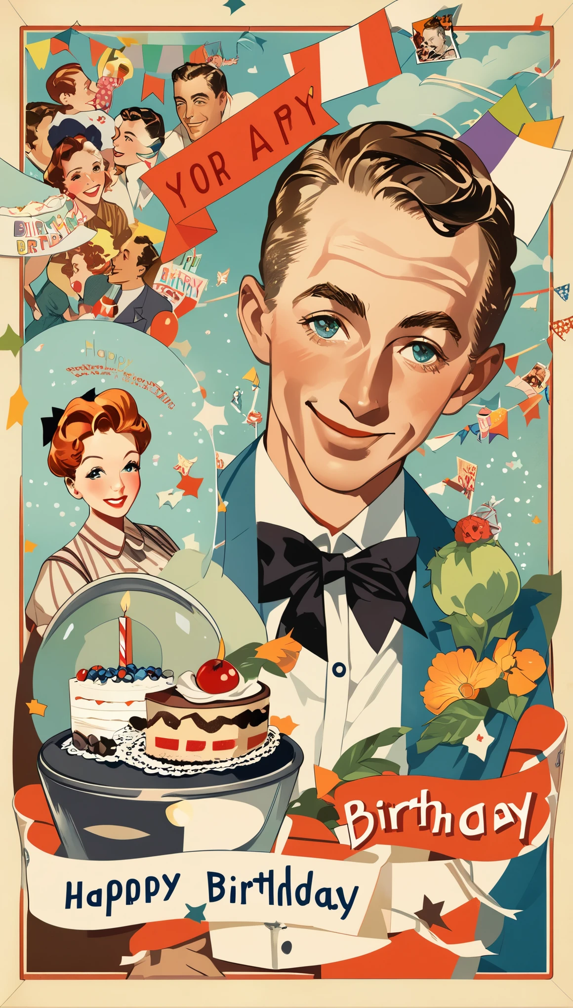 Birthday postcards, Retro, Vintage,Graphic Illustration,Detailed 2D illustrations,Flat Illustration, Digital Illustration,Digital Art,Norman Rockwell
