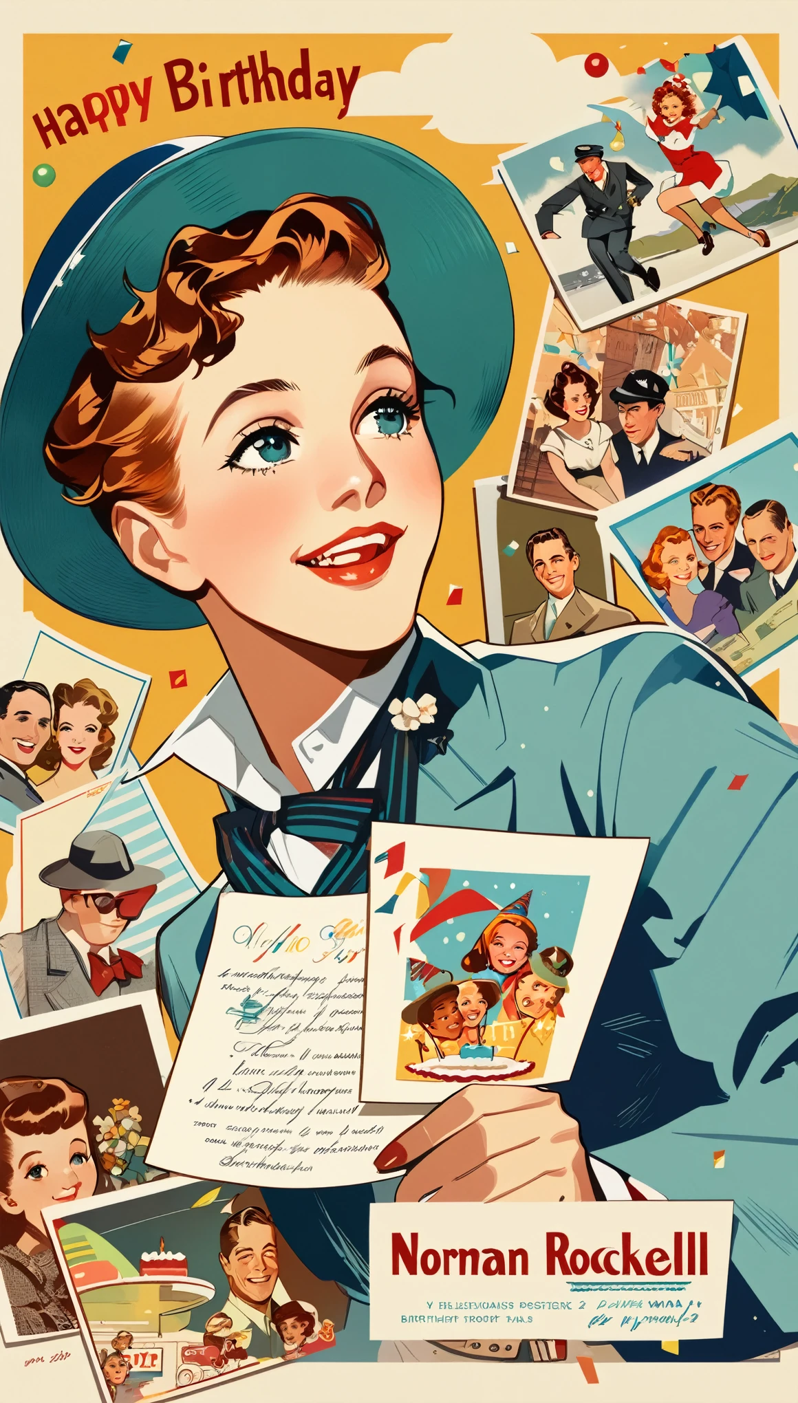 Postales de cumpleaños, Retro, antiguo,ilustración gráfica,ilustraciones detalladas en 2D,ilustración plana, Ilustración digital,arte digital,Norman Rockwell
