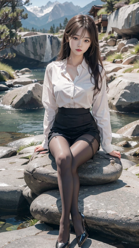 ulzzang-6500-v1.1, (RAW Photos:1.1), (Photorealistic), (Genuine:1.4), １girl、Perfect Anatomy、20 years old、Looking at the camera、Medium Long Hair、company uniform、skirt, ((in the mountains, plant, sitting position, Leaning against the rocks))、(Ultra-realistic pantyhose:1.2), (High heels)、(Business services)、Asian Eyes Ella,