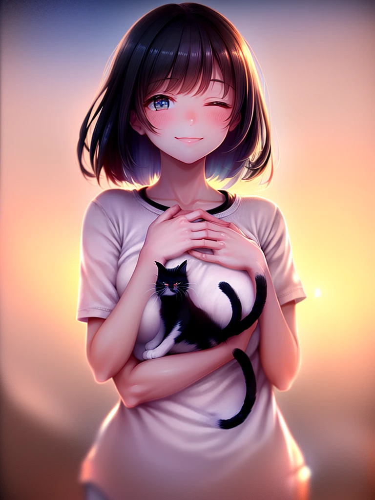 Masterpiece,Highest quality,Highest Resolution,Beautiful girl smiling with eyes closed,(((Big black and white cat in the sky))),Milky Way,((Upper Body))),Hands on chest,