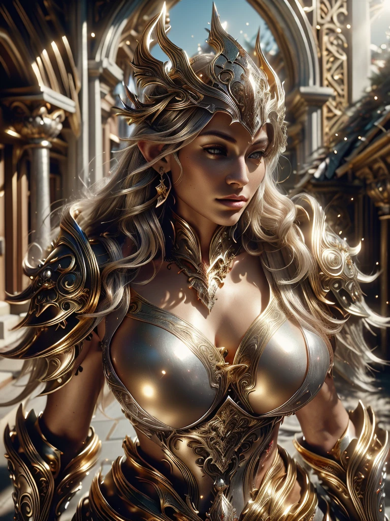 Realistic cinematic image shadows. in the courtyard. of the kingdom. There is an Elven woman, with a crown, wearing a necklace around her neck, round breasts, 
 gold ornaments, ((sexy fir neckline showing large volume of round breasts in a silver armor, large gold ornaments. golden edges, hip)) reflecting the sunlight. Facing me looking at me