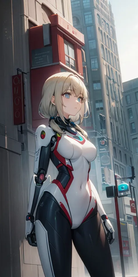 there is a woman in a robot suit posing next to an ancient building, beautiful white girl half cyborg, cute cyborg girl, beautif...