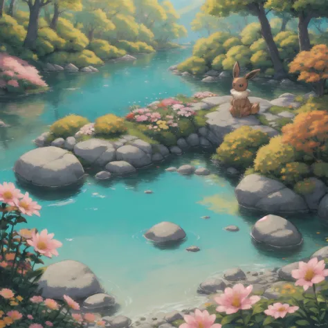 masterpiece, high quality, highly detailed, detailed background, detailed fur, eevee, female, siting, riverbed, flowers, trees, ...