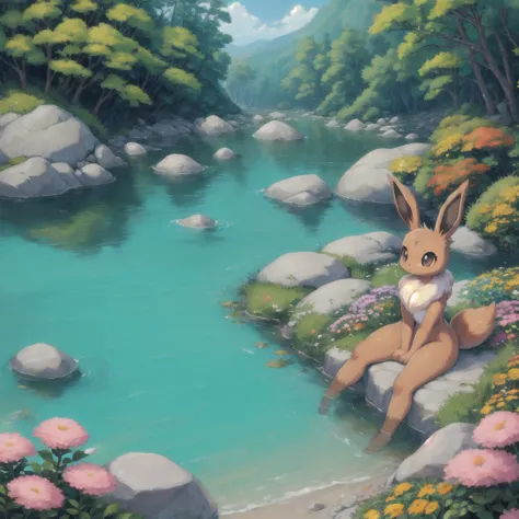 masterpiece, high quality, highly detailed, detailed background, detailed fur, eevee, female, siting, riverbed, flowers, trees, ...