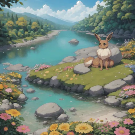masterpiece, high quality, highly detailed, detailed background, detailed fur, eevee, female, siting, riverbed, flowers, trees, ...