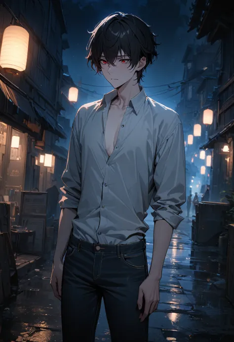 (masterpiece,best quality,4k,8k,absurdres:1.2),sharp and clear, 1boy, short messy black hair,(red eyes),dark blue moonlight, wea...