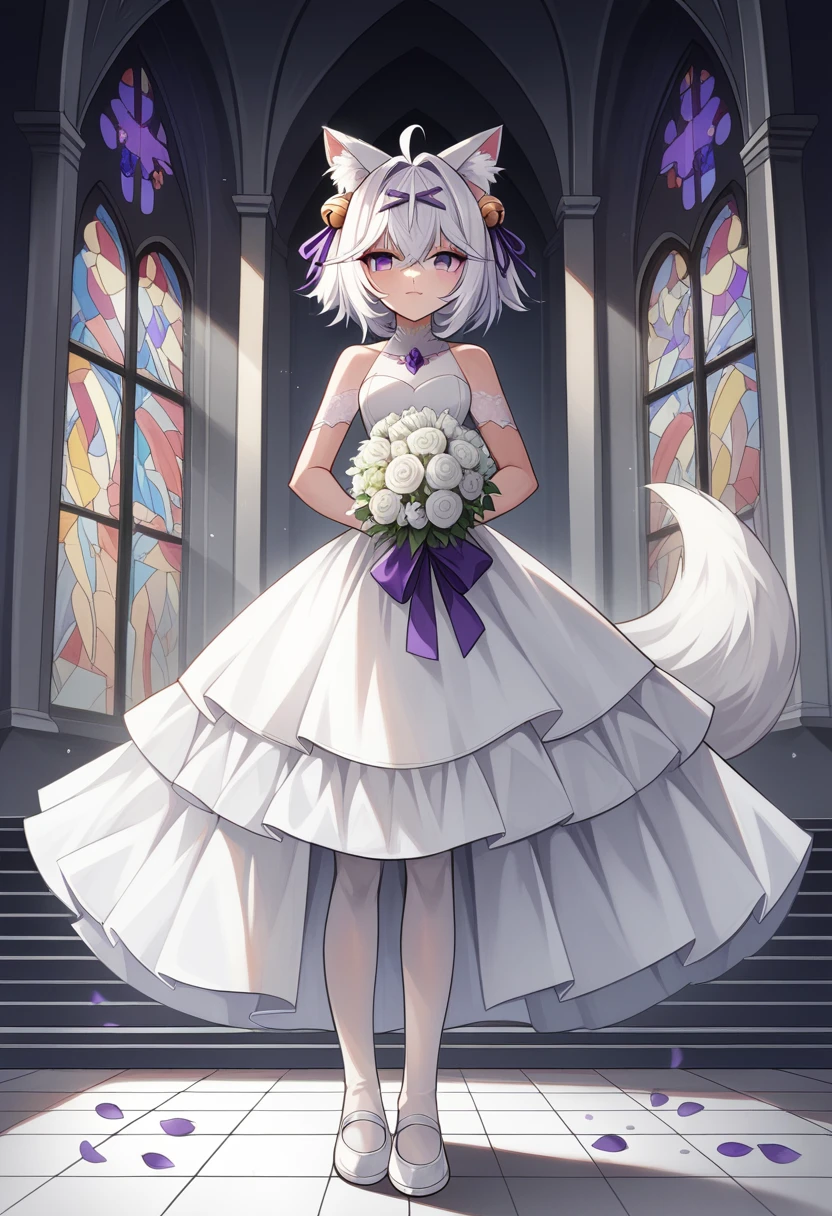 UHD, masterpiece, best quality, natural lighting, church, in front of the altar, raining petals, 1girl, solo, Filian, ((fox tail)), ((small cat ears)), white hair, short hair, ahoge, hairclip, hair bell, deep purple eyes, ((dark purple eyes)), blush, seductive smile, ball gown wedding dress, white stockings, white shoes with heals, slim arms, slim legs, Eye-Level Shot, holding bridal bouquet with purple ribbon ,full body pose, innocent pose