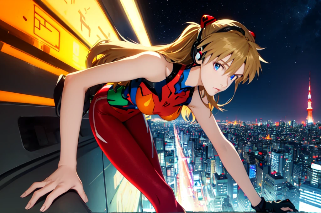 Realistic wide-angle photos,Dynamic Angle,Extremely detailed, illustration, close up, straight on, 1 girl, ((Muneru Asuka Langley, Interface Headphones, Red leggings:1.4, bionde)),Her eyes shone like Dreamy stars,(Glowing eyes:1.233),(Beautiful and delicate eyes:1.1),(Everlasting), Standing on top of Tokyo Tower (In the dark night), Soft Light, (night:1.2),Dreamy, [[Slender fingers and hands:0.55]::0.85],(Detail fingers)