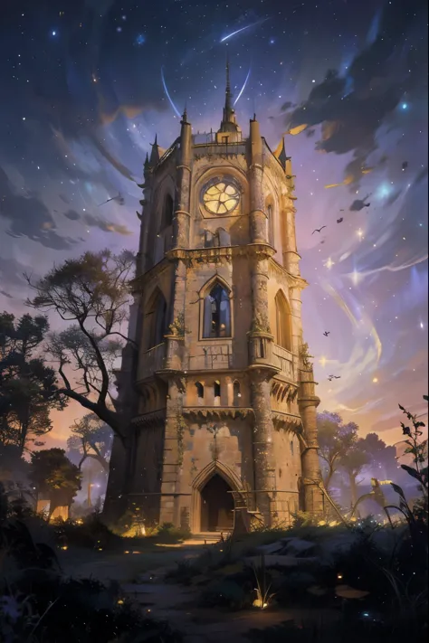 Very detailed photo of a fairytale tower with lots of fireflies flying around, Starry Night, Fantasy, Surreal