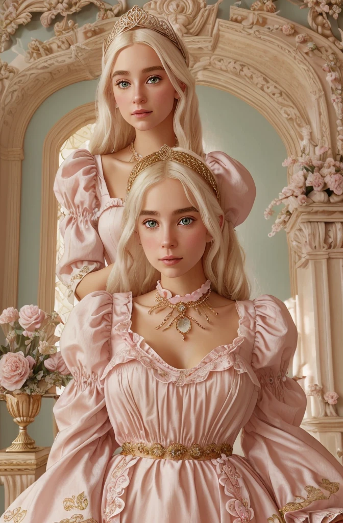 White Blonde hair, fluffy hair, stylish hair, long hair, lilac eyes, perfect eyes, beautiful, perfect face, tween, dainty , short, kind, curvy, a flowing pale airy gown with ruffles along the bottom with tiny pink flowers and gold dragon embroideries with flowers, Her tiara had a pretty teal gemstones, silver necklace, noble class, royal, royalty, red castle, feasting hall, medieval, elegant surroundings, soft dewy makeup look, light peach blush, soft tan eyeshadow, light coral lipstick, cutesy, girlish, girly, guileless, ingénue, princess , whimsical lighting, Targaryen, dragons in the sky, photorealistic
