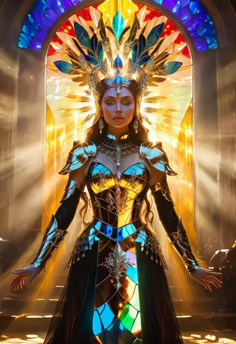 fantasy queen, intricate armor, elaborate headpiece, radiant background, stained glass style, divine presence, ethereal beauty, ...