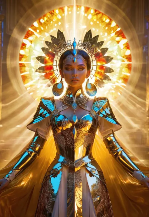 fantasy queen, intricate armor, elaborate headpiece, radiant background, stained glass style, divine presence, ethereal beauty, ...