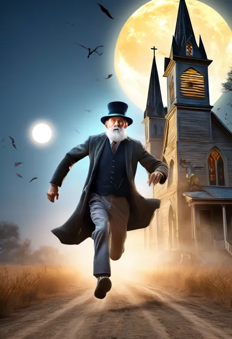 create an older man with hat running from a terrible monster on a dirt road with a church next to it and a bright moon all in 3d