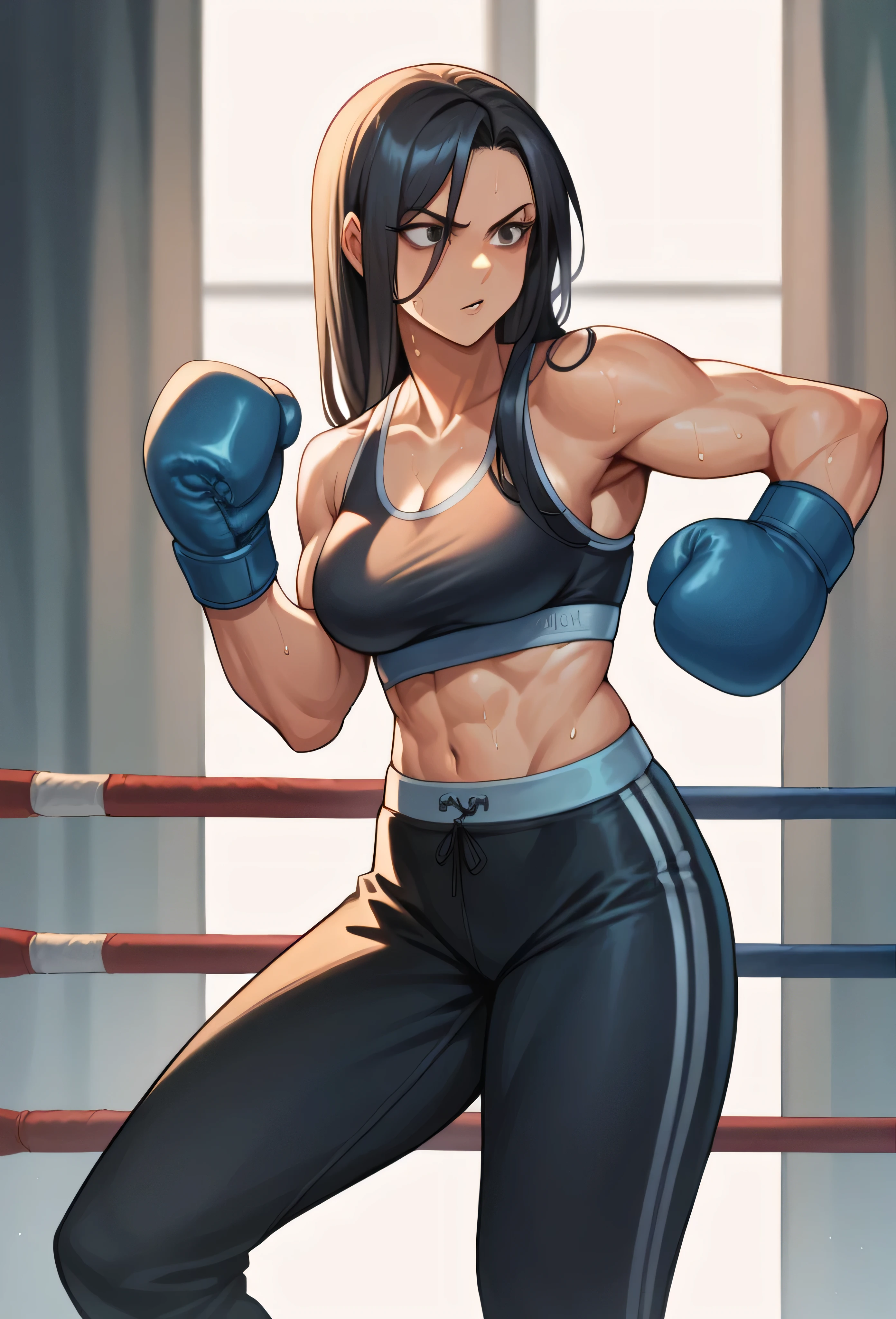 A beautiful girl,detailed picture, Woman boxer, long black hair, handsome face, sweating,boxing gloves, sports bra, boxing stance, long black pants