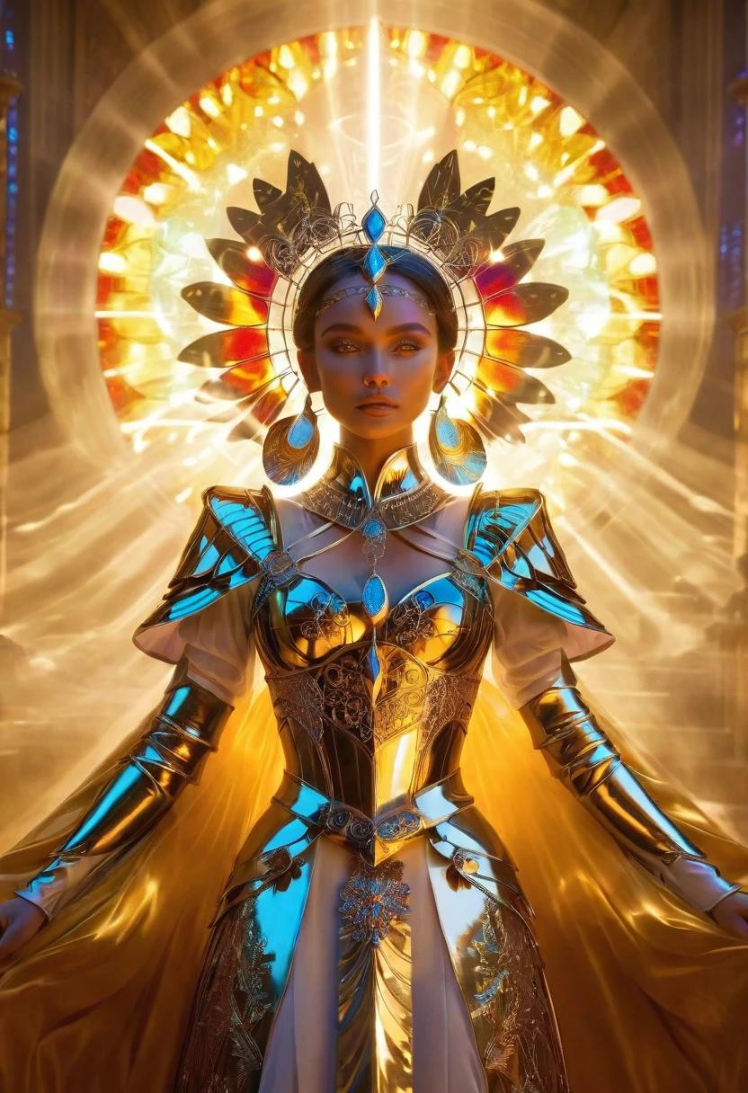 fantasy queen, intricate armor, elaborate headpiece, radiant background, stained glass style, divine presence, ethereal beauty, vibrant colors, symmetrical design, powerful aura
