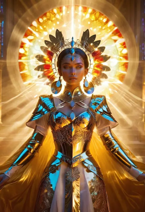 fantasy queen, intricate armor, elaborate headpiece, radiant background, stained glass style, divine presence, ethereal beauty, ...