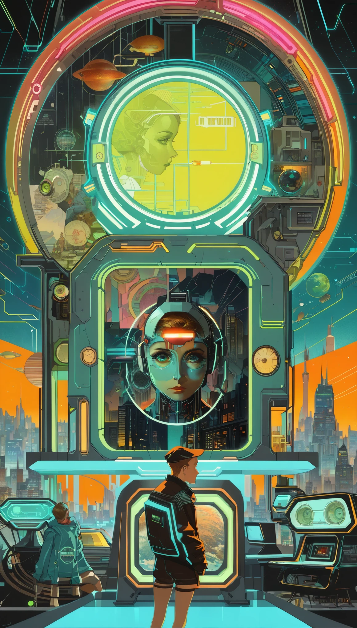 (obra de arte:1.2,mais alta qualidade,mais alta qualidade,Alta resolução,super detalhado),8K,papel de parede,Uma visão de mundo cyberpunk retratada no estilo de Norman Rockwell,néon,Retro-Futuro,vintage,Ilustração gráfica,ilustrações 2D detalhadas,ilustração plana, Ilustração digital,arte digital