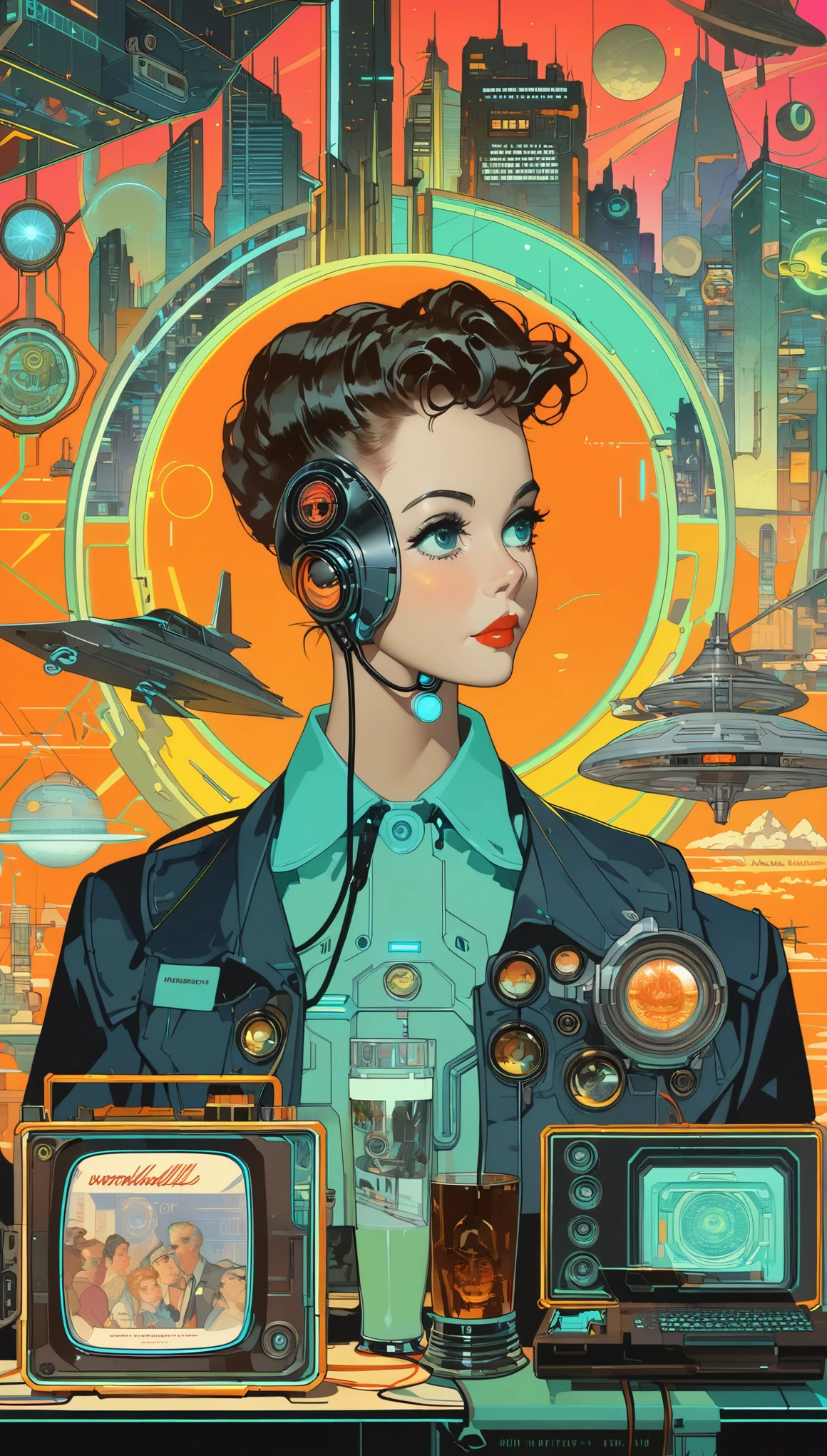 (obra de arte:1.2,mais alta qualidade,mais alta qualidade,Alta resolução,super detalhado),8K,papel de parede,Uma visão de mundo cyberpunk retratada no estilo de Norman Rockwell,néon,Retro-Futuro,vintage,Ilustração gráfica,ilustrações 2D detalhadas,ilustração plana, Ilustração digital,arte digital