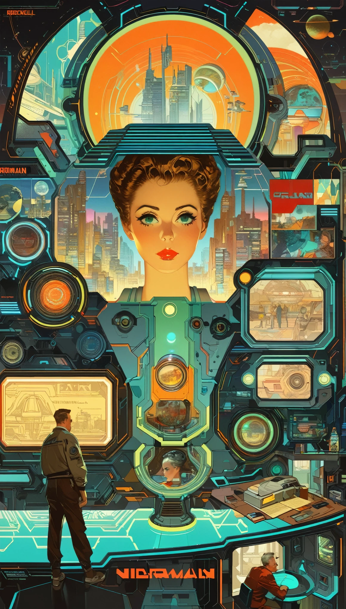 (obra de arte:1.2,mais alta qualidade,mais alta qualidade,Alta resolução,super detalhado),8K,papel de parede,Uma visão de mundo cyberpunk retratada no estilo de Norman Rockwell,néon,Retro-Futuro,vintage,Ilustração gráfica,ilustrações 2D detalhadas,ilustração plana, Ilustração digital,arte digital