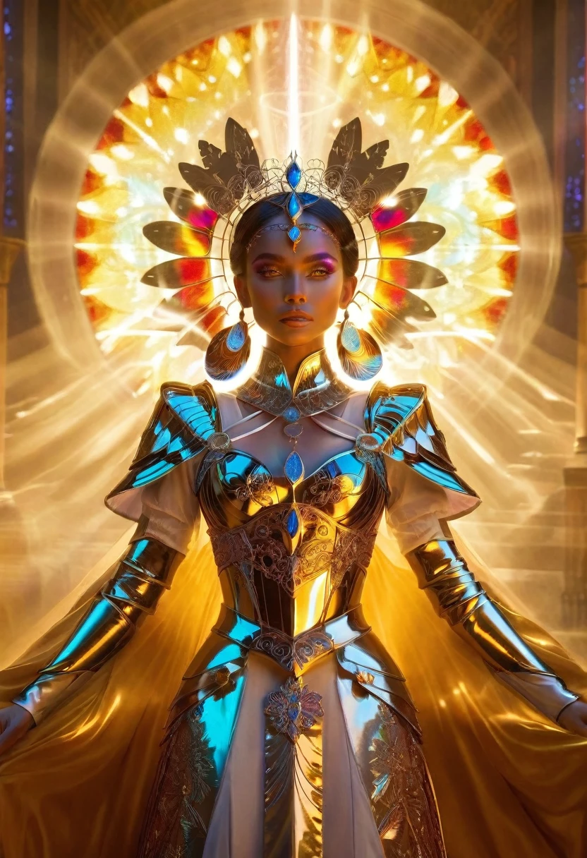 fantasy queen, intricate armor, elaborate headpiece, radiant background, stained glass style, divine presence, ethereal beauty, vibrant colors, symmetrical design, powerful aura
