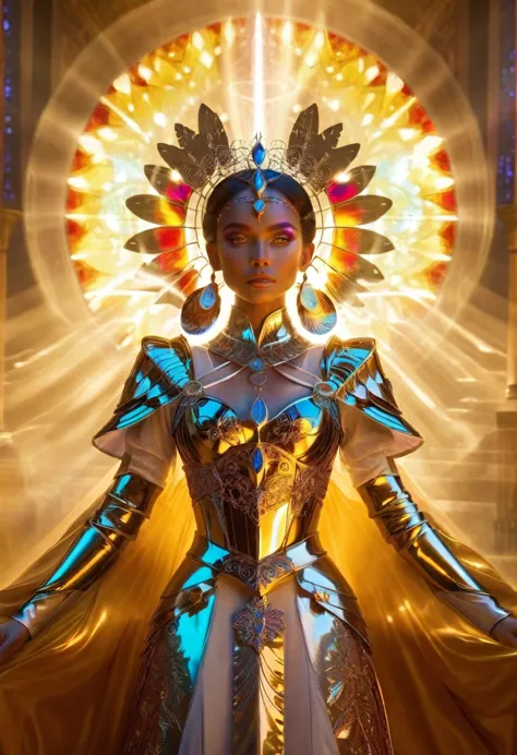 fantasy queen, intricate armor, elaborate headpiece, radiant background, stained glass style, divine presence, ethereal beauty, ...