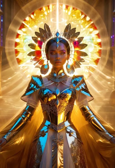 fantasy queen, intricate armor, elaborate headpiece, radiant background, stained glass style, divine presence, ethereal beauty, ...