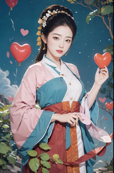 balloon，hand heart，Official Art， Unity 8k Wallpaper， Extremely detailed， Pretty and beautiful， masterpiece， Best quality， （Realistically：1.4）， （Dynamic Angle：1.4）， grace， Bright colors， ， Zhong Fenghua， 1 Girl， Lips slightly open， （Flowers twinkle：1.5）， （solo：1.5）， （Look at the lens：1.3）， Umbellate， （see through hanfu：1.3）， （Small Flower：1.5）， （plaster：1.3）， （Flowering：1.3）， Radiant Skin， （Floating colored flashes：1）The most beautiful form of chaos， （Pastel background：1.5）， （Traditional Chinese landscape painting background：1.3），  Full Body Love，Normal fingers，Only two hands，