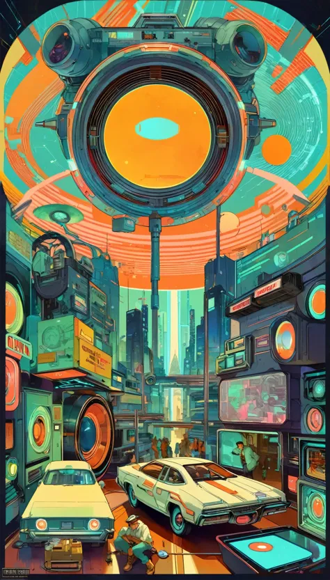 8k,wallpaper,A cyberpunk worldview depicted in the style of Norman Rockwell,neon,Retro-future,Vintage,Graphic Illustration,Detailed 2D illustrations,Flat Illustration, Digital Illustration,Digital Art