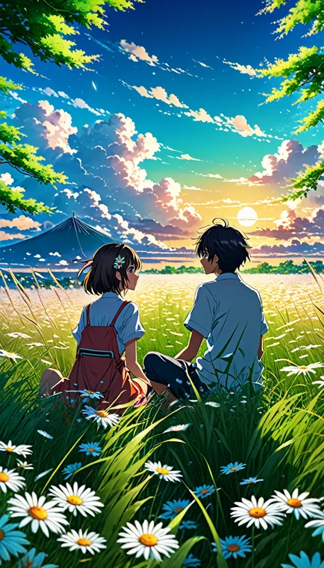 anime landscape of a boy and girl sitting in a field with tall grass and daisy flowers watching a void with white clouds, colorf...