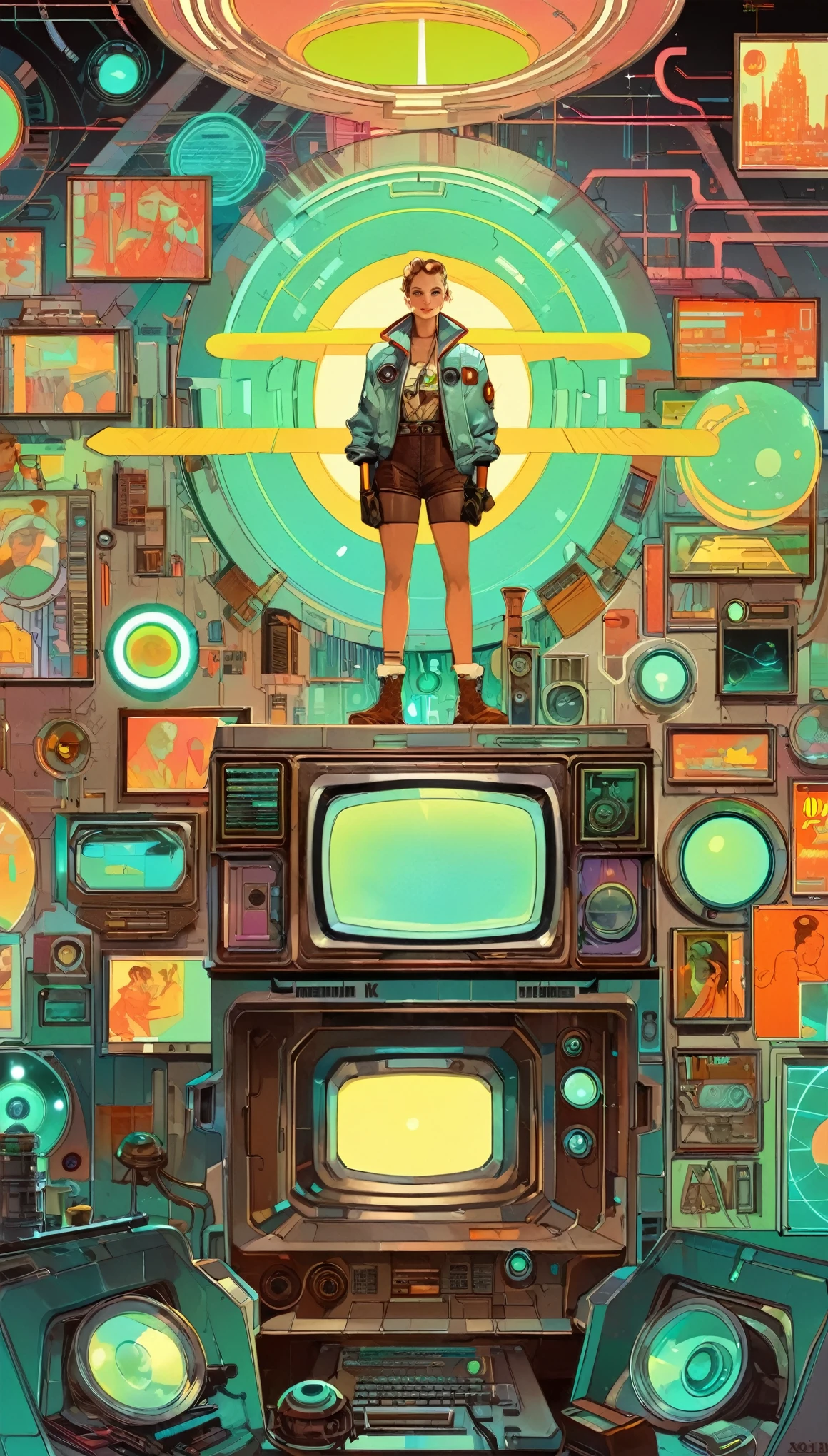 8K,fondo de pantalla,Una cosmovisión cyberpunk representada al estilo de Norman Rockwell,neón,retro-futuro,antiguo,ilustración gráfica,ilustraciones detalladas en 2D,ilustración plana, Ilustración digital,arte digital