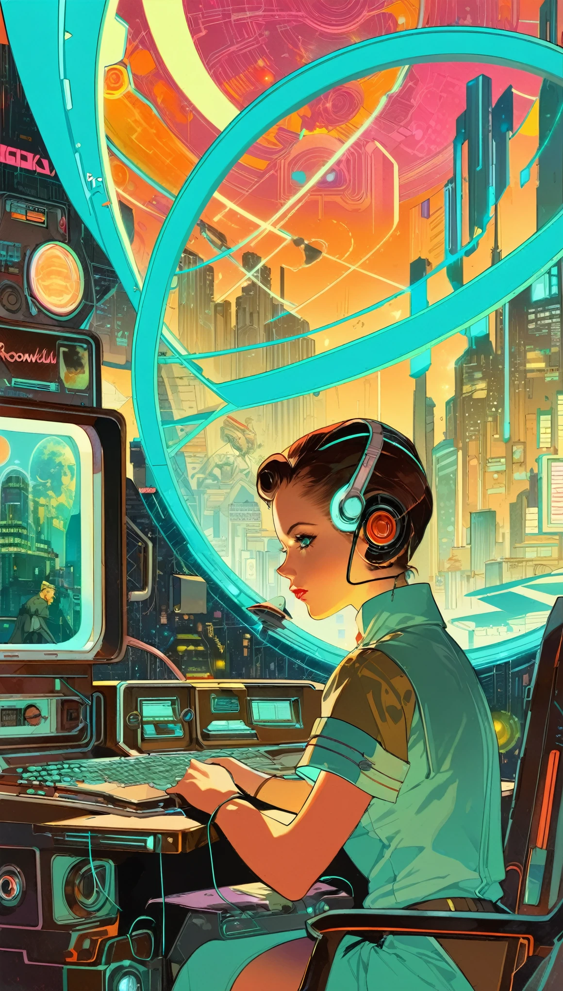 8K,fondo de pantalla,Una cosmovisión cyberpunk representada al estilo de Norman Rockwell,neón,retro-futuro,antiguo,ilustración gráfica,ilustraciones detalladas en 2D,ilustración plana, Ilustración digital,arte digital