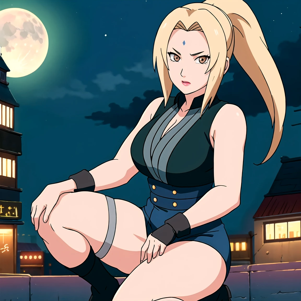 town background, busy town, night time, moon, dark, neon, Lights, galaxy sky, perfect face, perfect body,  ponytail, brown eyes, fishnets, red wrist warmers, knee high bandages, blonde hair