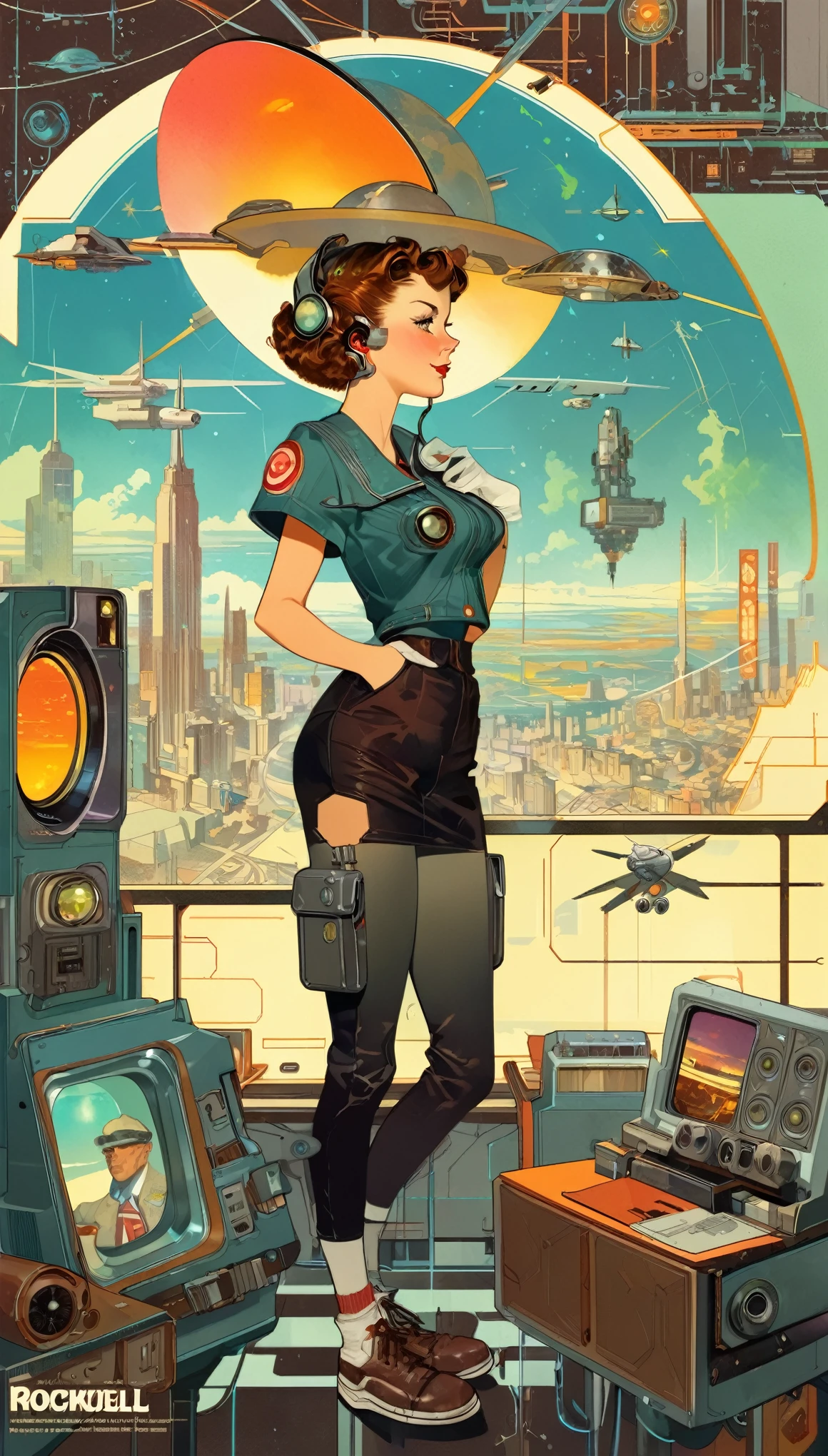 8K,papel de parede,Uma visão de mundo cyberpunk retratada no estilo de Norman Rockwell,Retro-Futuro,vintage,Ilustração gráfica,ilustrações 2D detalhadas,ilustração plana, Ilustração digital,arte digital