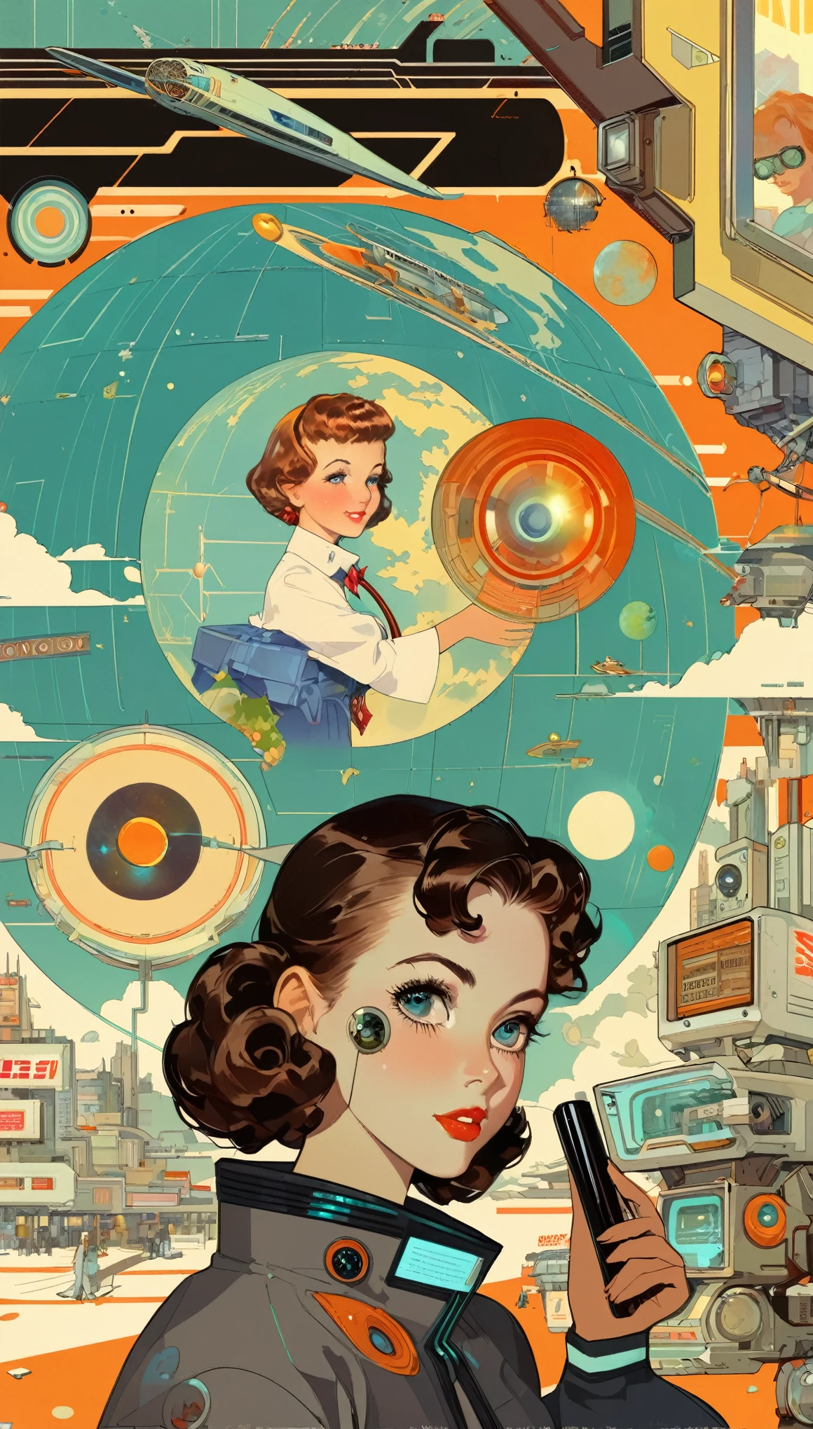 8K,papel de parede,Uma visão de mundo cyberpunk retratada no estilo de Norman Rockwell,Retro-Futuro,vintage,Ilustração gráfica,ilustrações 2D detalhadas,ilustração plana, Ilustração digital,arte digital