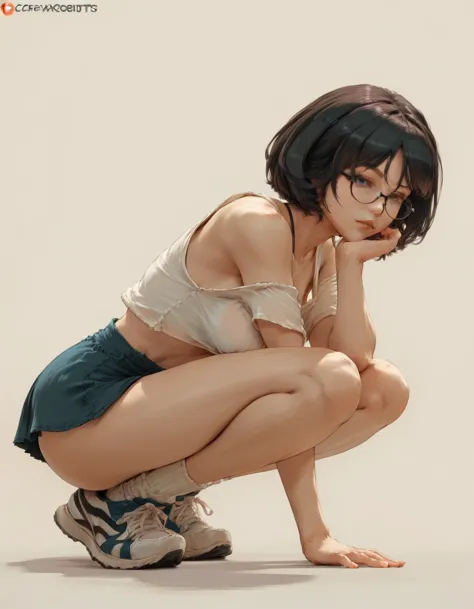 a woman in a short skirt and glasses, short hair is posing for a photo, a hyperrealistic anime girl, hyperrealistic, cutesexyrob...