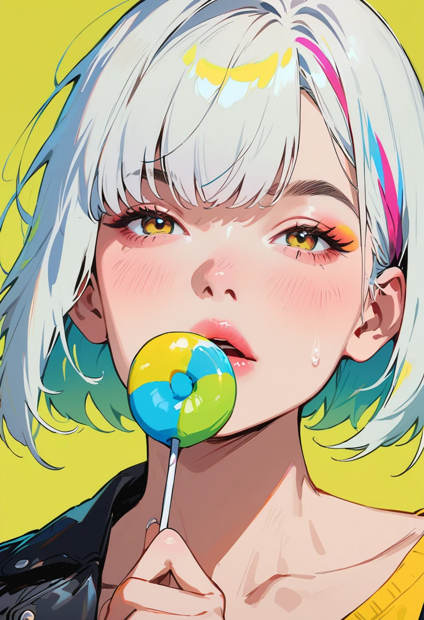 (masterpiece, Highest quality:1.4), 1 girl, solo, Anime Style, colorful students, Blurred vision, Eat lollipops, Pink lower lip, Cyberpunk makeup, Silver asymmetrical short hair, Asymmetrical short hairstyles, Long bangs on one side, Color Highlights, Black off-the-shoulder leather jacket, Pure Yellow Background.