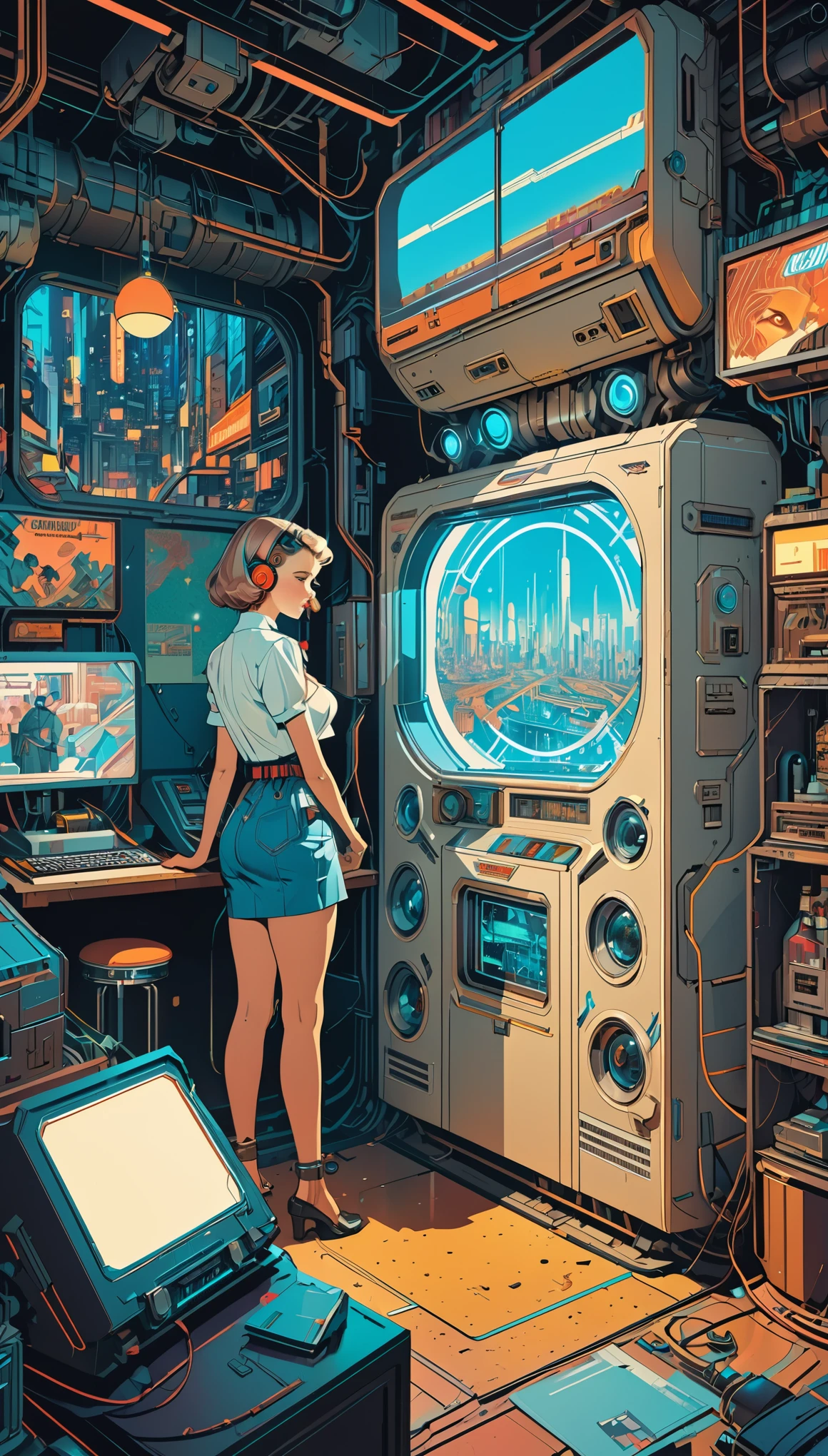 (masterpiece:1.2,Highest quality,Highest quality,High resolution,Super detailed),8k,wallpaper,A cyberpunk worldview depicted in the style of Norman Rockwell,neon,Retro-future,Vintage,Graphic Illustration,Detailed 2D illustrations,Flat Illustration, Digital Illustration,Digital Art