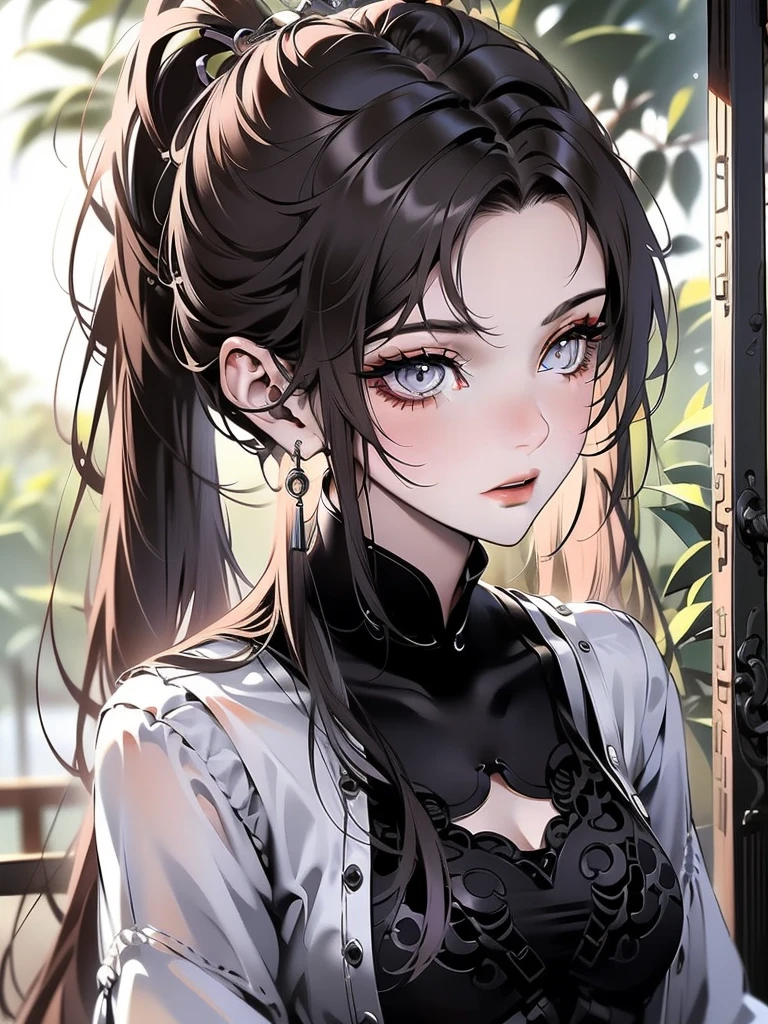 {{{masterpiece}}}, {{{best quality}}}, {{Extremely detailed}}, {light}, {illustration}, {Beautiful and delicate eyes}, {1 Girl}, Extremely detailed, 1 Girl, Solitary,, Black hair tied into a long ponytail, Wear a graceful figure, For the audience, outdoor, Woodland Background, Very detailed face and clothing, Slightly narrowed eyes, Perfect face, White skin, Hair bangs, Long hair, Noble and beautiful, Surreal 8K, CG, Flawless, Seductive expression, Intricate details, 22-year-old girl wearing chiffon Chinese long skirt, Best quality, Realistic photos,Light green dress, beautiful hairpins and jewelry hanging in the hair