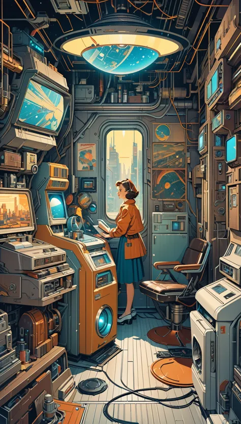 (masterpiece:1.2,Highest quality,Highest quality,High resolution,Super detailed),8k,wallpaper,A cyberpunk worldview depicted in the style of Norman Rockwell,Retro-future,Vintage,Graphic Illustration,Detailed 2D illustrations,Flat Illustration, Digital Illustration,Digital Art