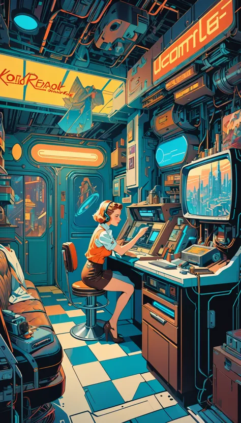 (masterpiece:1.2,Highest quality,Highest quality,High resolution,Super detailed),8k,wallpaper,A cyberpunk worldview depicted in the style of Norman Rockwell,neon,Retro-future,Vintage,Graphic Illustration,Detailed 2D illustrations,Flat Illustration, Digital Illustration,Digital Art