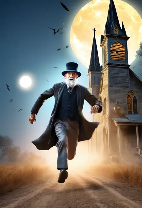 create an older man with hat running from a terrible monster on a dirt road with a church next to it and a bright moon all in 3d
