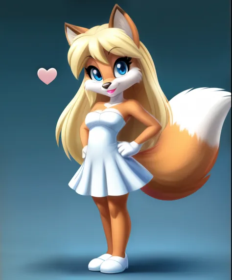 Josie the female fox, light blue eyes, white heart shaped strapless dress, light blue eye shadows, pink lipstick, blonde long hair, full body view, pose, tiny toons style