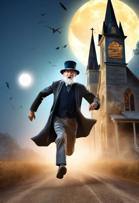 create an older man with hat talking scared on a paved road with a church next to it and a bright moon all in 3d 