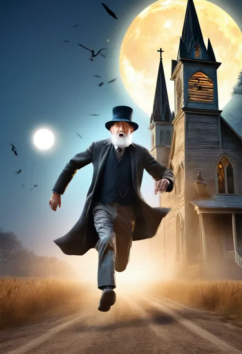 create an older man with hat talking scared on a paved road with a church next to it and a bright moon all in 3d 